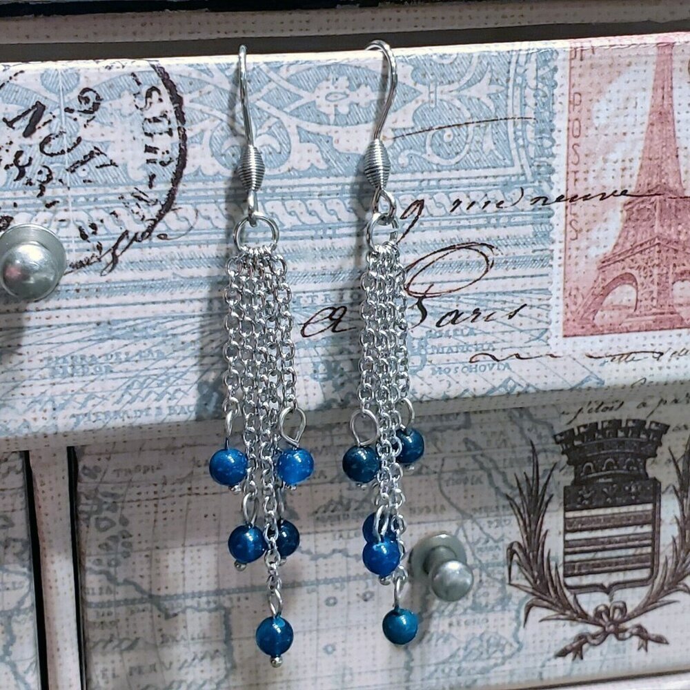 Handcrafted Blue Agate Gemstone Beads Surgical Stainless Steel Chain Earrings